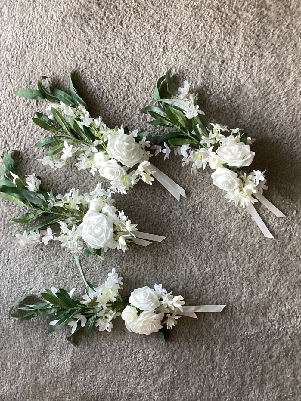 Pew Clip On Decorations - White Artificial Roses with green foliage - 4 included